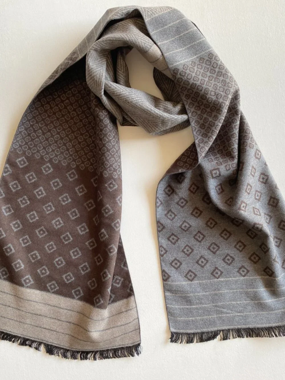 Saks Fifth Avenue 100% Silk Scarf Geometric Pattern Fringed Rectangle Gray